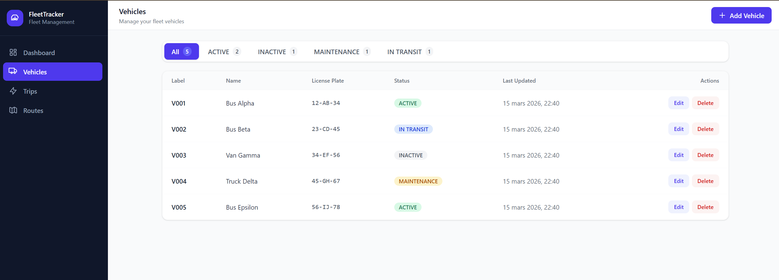 Page Véhicules — liste complète avec badges de statut (Actif, En transit, Maintenance, Inactif) et onglets de filtrage